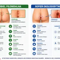 Torbiele pilonidalne i ropnie okołodobycznicze: wrastające włosy tworzą torbiel, a infekcja gruczołów odbytu ropień.