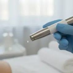 Dłoń w niebieskiej rękawiczce trzyma urządzenie do zabiegu dermapen, z którego kapie kropla serum.